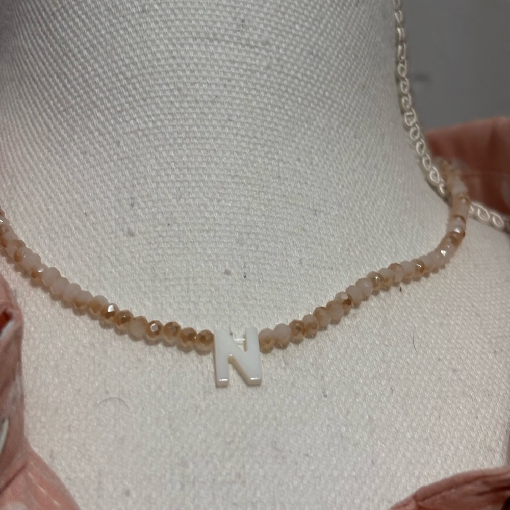 Anthropology Elegant Gold and Cream Beaded Necklace with Initial Pendant NIB - Picture 2 of 4